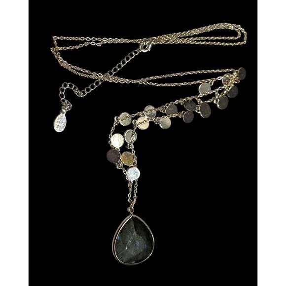 Boho Chic Gold Tone Charm Necklace With Teardrop Labradorite Pendant - Picture 1 of 13